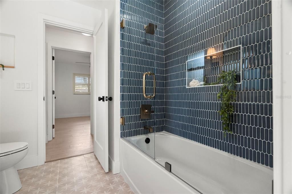 Bathroom, Glass Shower, Interior, Wood Texture Flooring