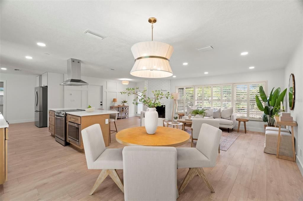 Dining room, Interior, Kitchen, Living room, Pendant Lights, Recessed Lighting, Wood Texture Flooring