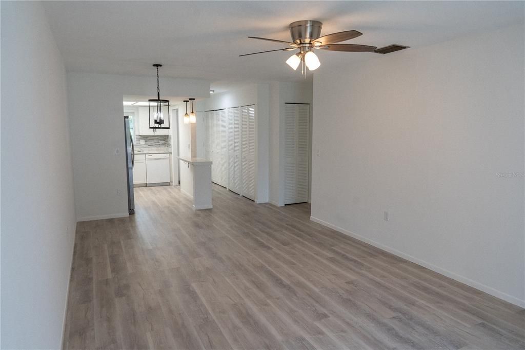Empty room, Interior, Kitchen, Pendant Lights, Wood Texture Flooring