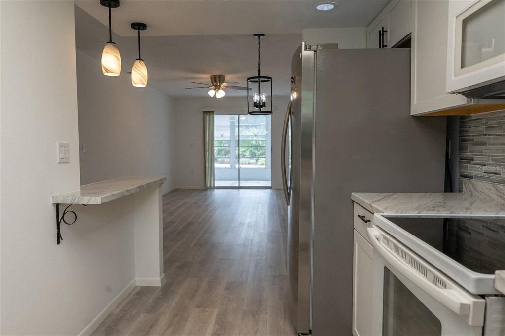 Interior, Kitchen, Pendant Lights, Recessed Lighting, Wood Texture Flooring