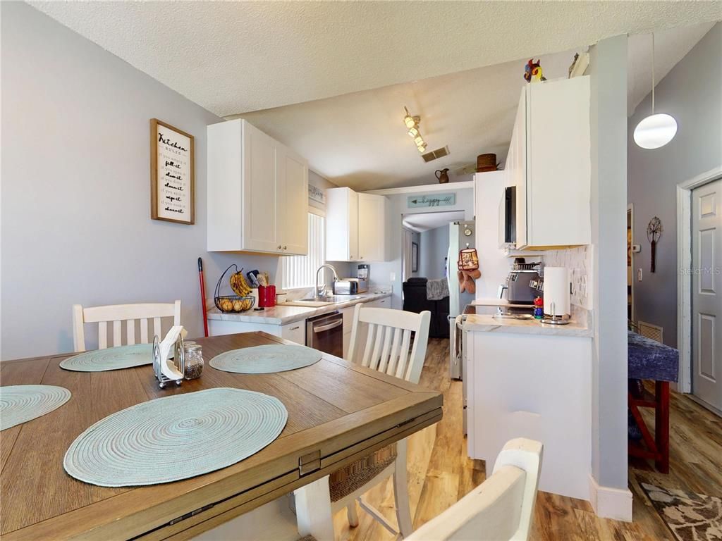 Dining room, Interior, Kitchen, Pendant Lights, Wood Texture Flooring