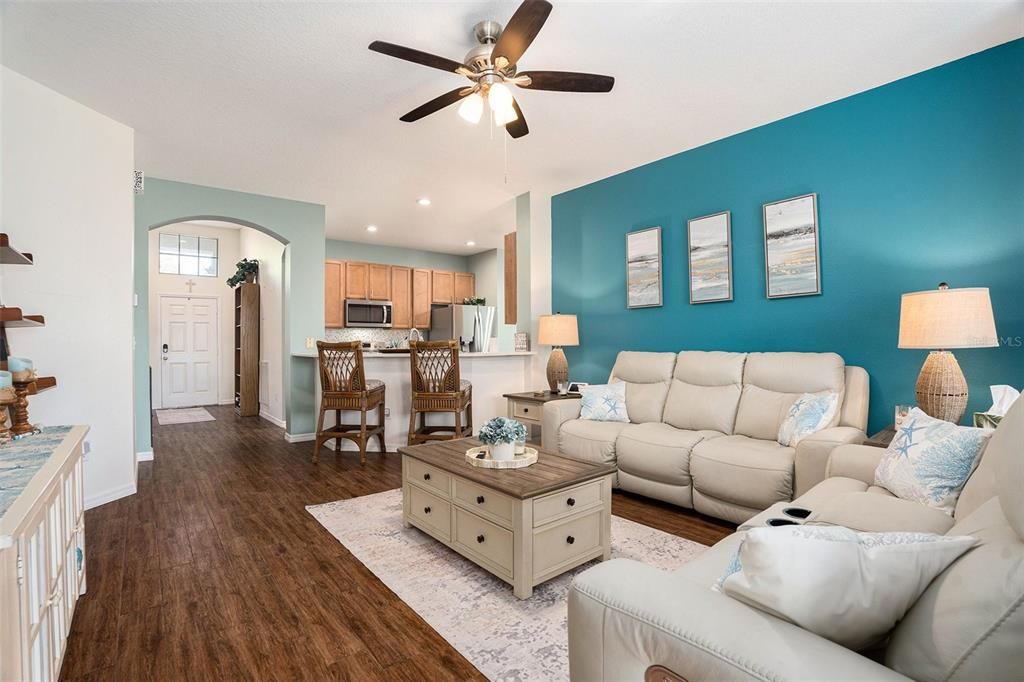 Interior, Kitchen, Living room, Recessed Lighting, Stainless Steel Appliances, Wood Texture Flooring