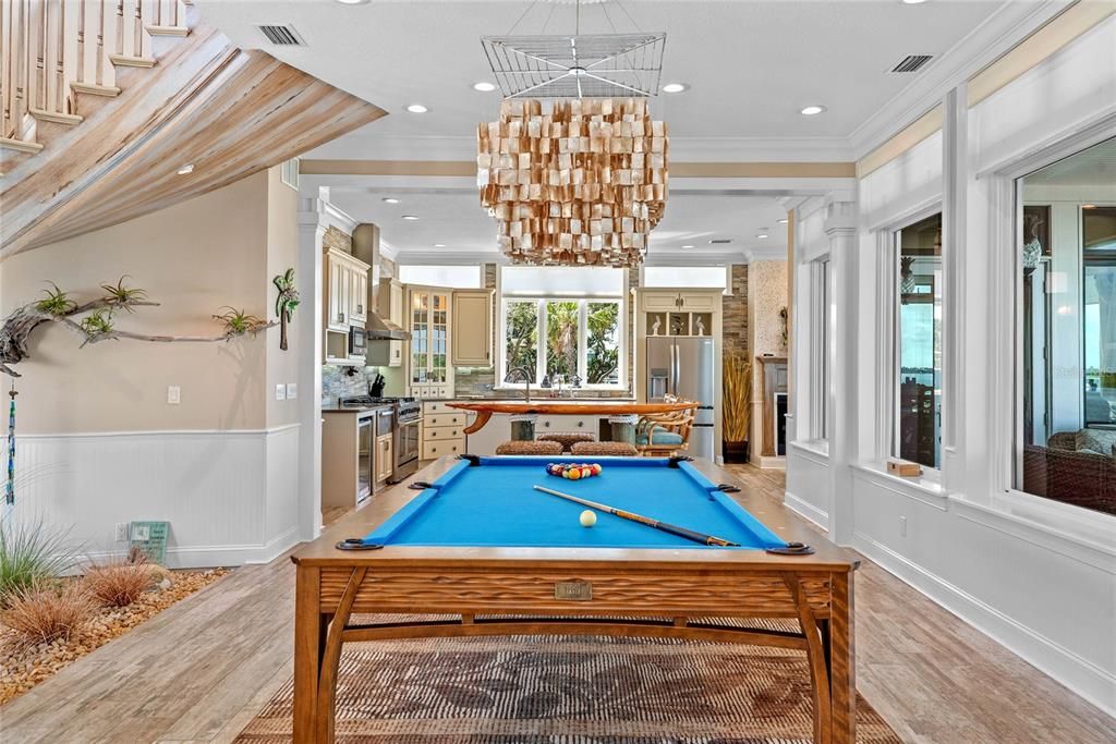 Billiard Table, Chandelier, Game Room, Interior, Kitchen, Recessed Lighting, Wood Texture Flooring