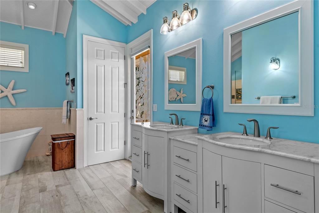 Bathroom, Dual Sink Vanities, Free Standing Baths, Interior, Wood Texture Flooring