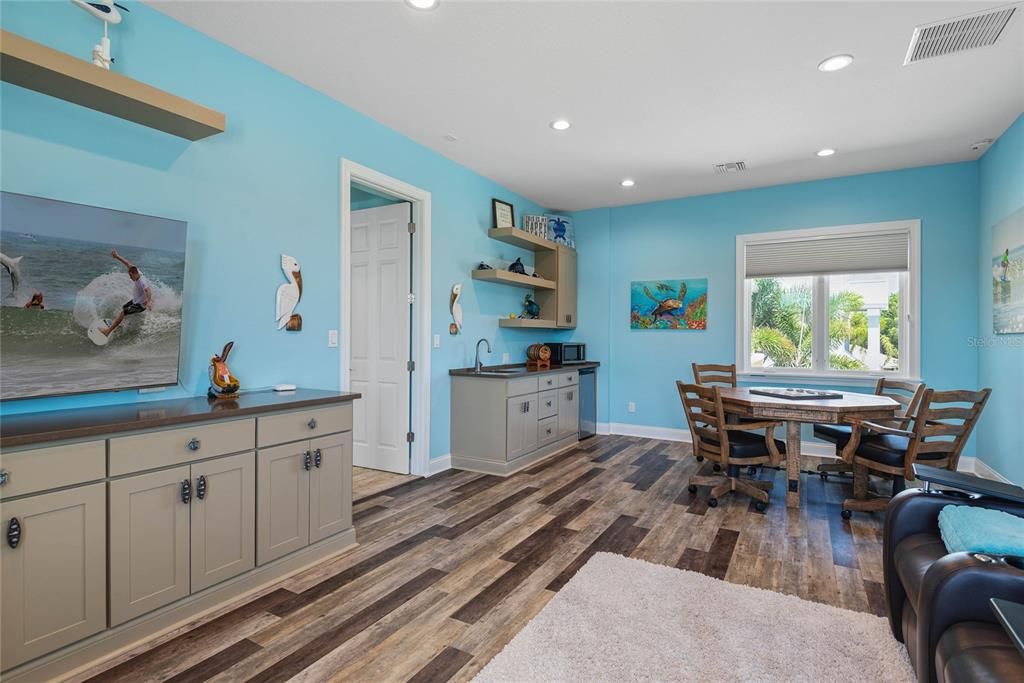 Dining room, Game Room, Interior, Recessed Lighting, Wood Texture Flooring