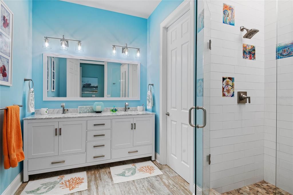 Bathroom, Dual Sink Vanities, Glass Shower, Interior, Wood Texture Flooring