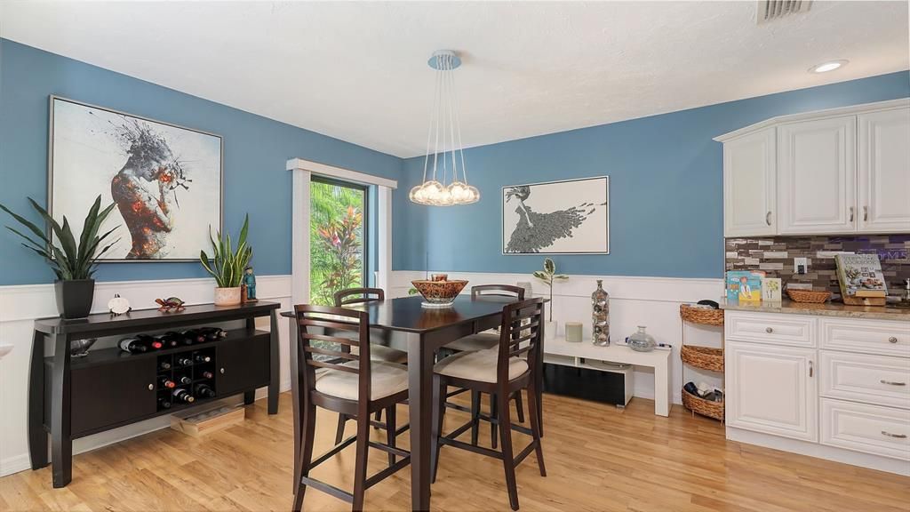 Dining room, Interior, Pendant Lights, Recessed Lighting, Wood Texture Flooring