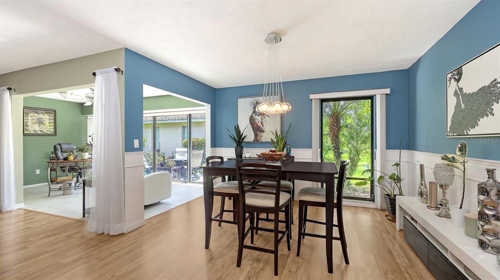 Dining room, Interior, Pendant Lights, Wood Texture Flooring