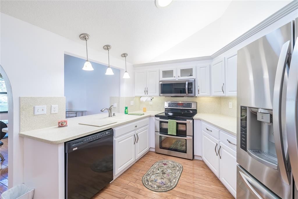 Interior, Kitchen, Pendant Lights, Stainless Steel Appliances, Wood Texture Flooring