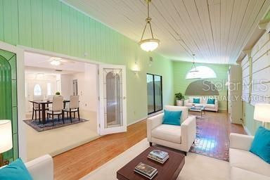 Dining room, Interior, Living room, Pendant Lights, Wood Texture Flooring