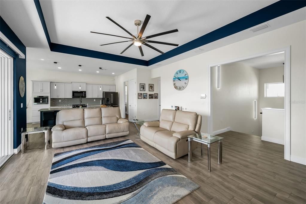 Interior, Kitchen, Living room, Recessed Lighting, Stainless Steel Appliances, Wood Texture Flooring
