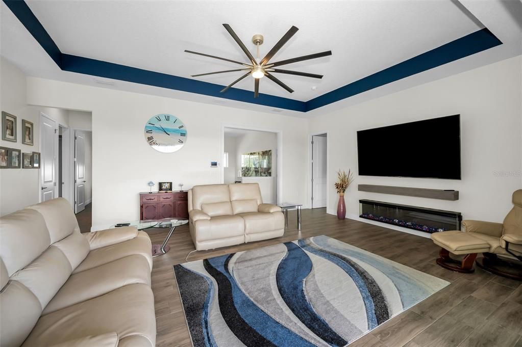 Fireplace, Interior, Living room, Pendant Lights, Wood Texture Flooring