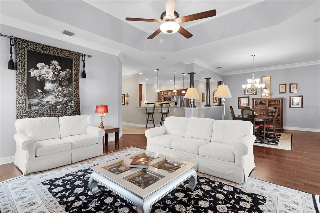 Chandelier, Dining room, Interior, Kitchen, Living room, Pendant Lights, Recessed Lighting, Wood Texture Flooring