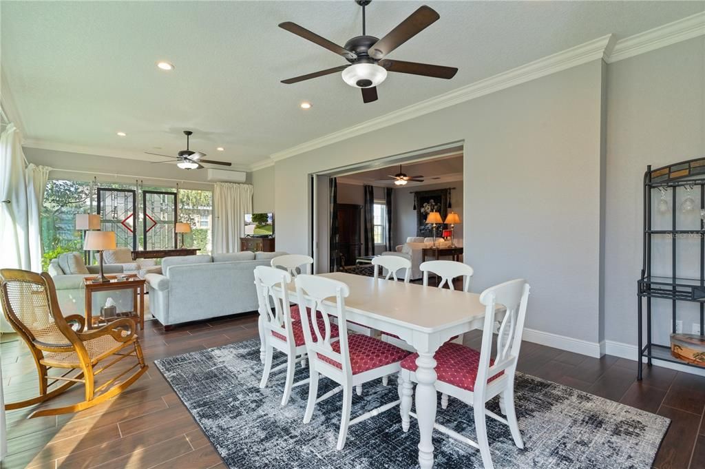 Dining room, Interior, Living room, Recessed Lighting, Wood Texture Flooring