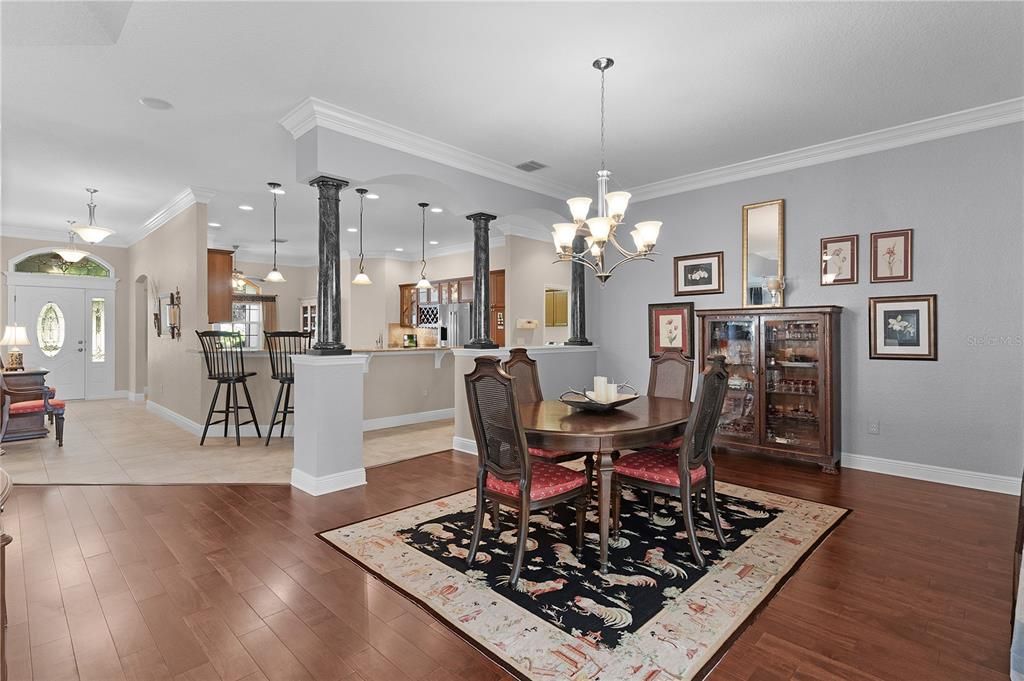 Chandelier, Dining room, Interior, Kitchen, Pendant Lights, Recessed Lighting, Wood Texture Flooring