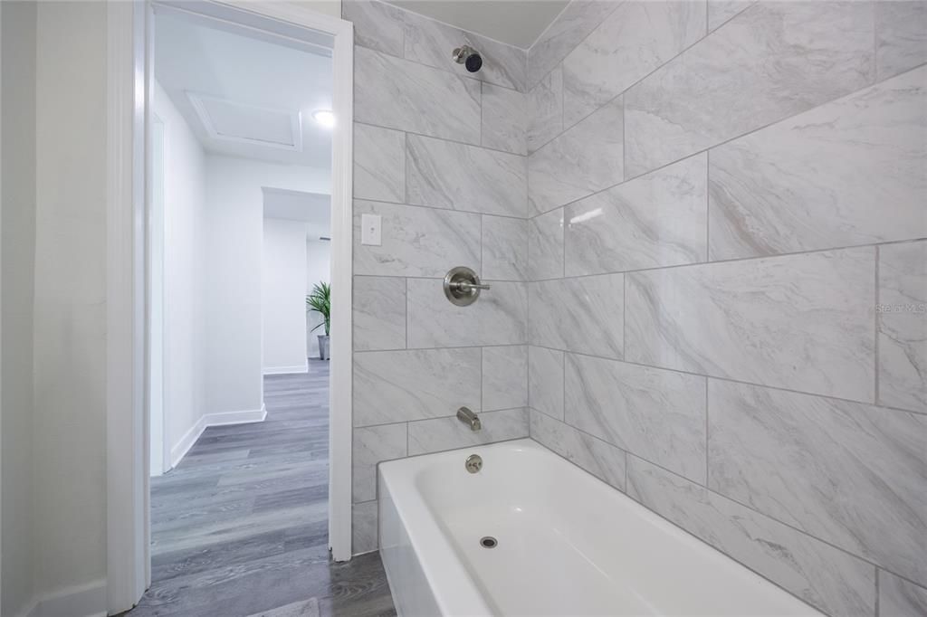 Bathroom, Interior, Marble Walls, Wood Texture Flooring