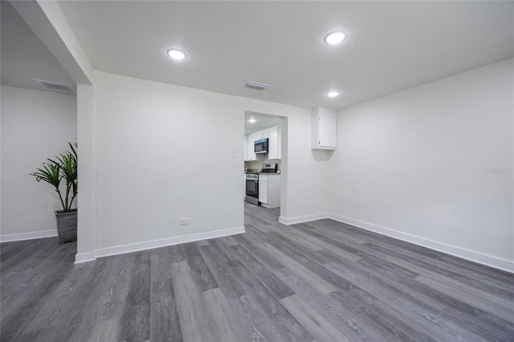 Empty room, Interior, Kitchen, Recessed Lighting, Wood Texture Flooring