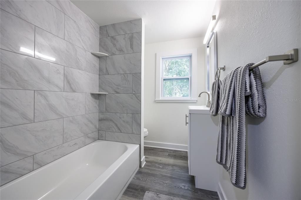 Bathroom, Interior, Marble Walls, Wood Texture Flooring