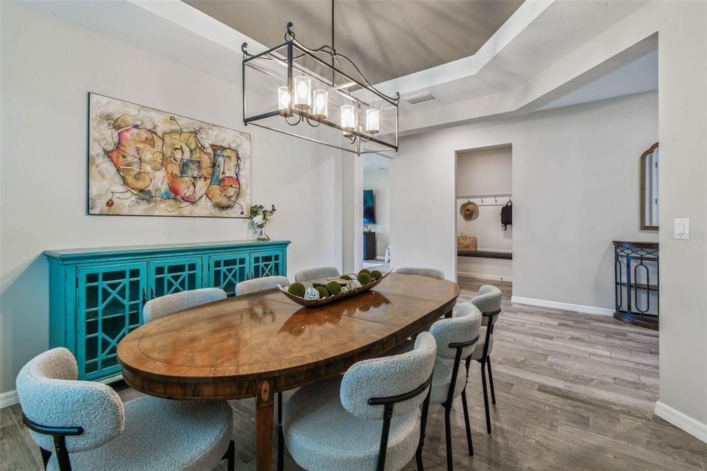 Dining room, Interior, Pendant Lights, Wood Texture Flooring