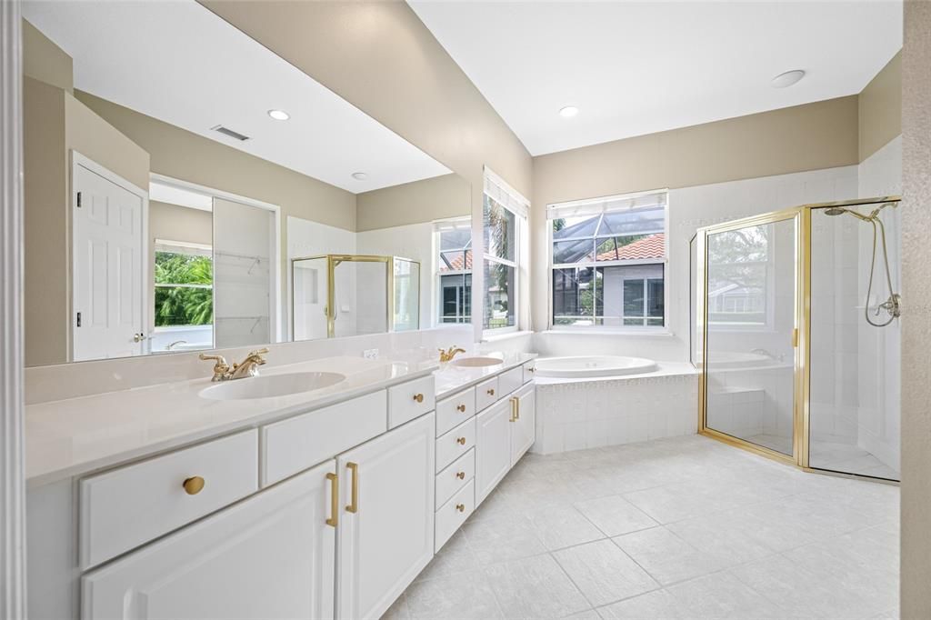Bathroom, Dual Sink Vanities, Glass Shower, Interior, Recessed Lighting