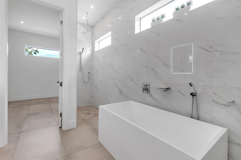 Bathroom, Free Standing Baths, Interior, Marble Walls, Recessed Lighting