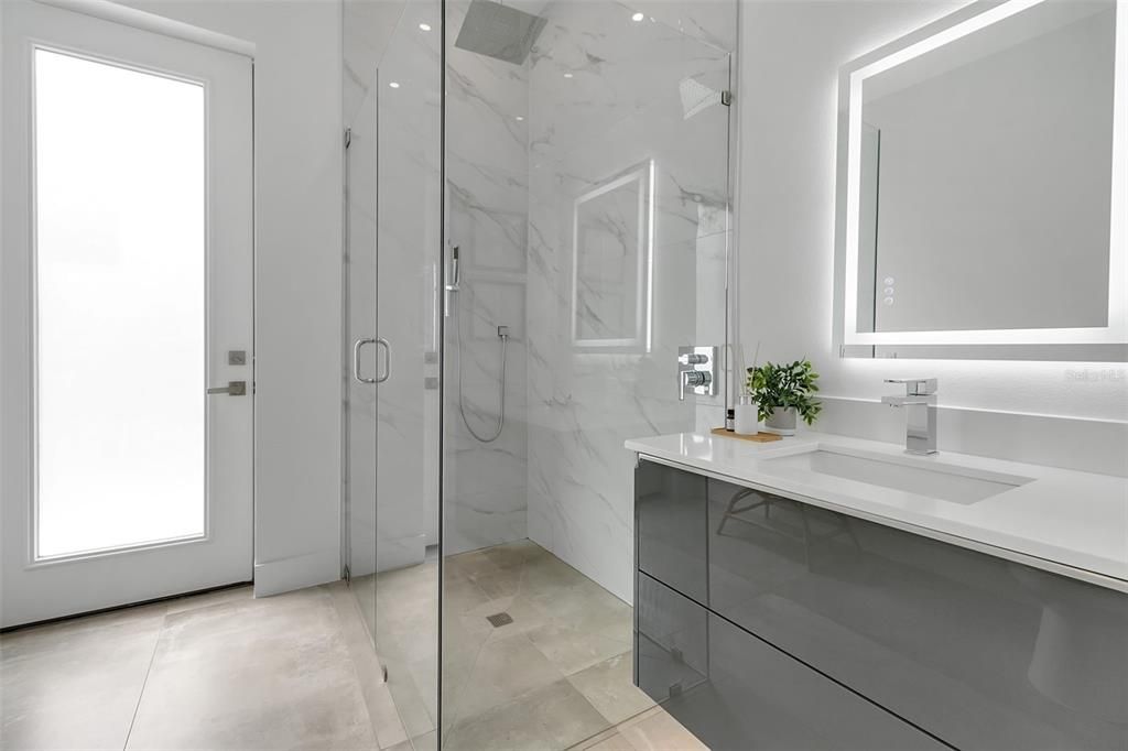 Bathroom, Glass Shower, Interior, Marble Walls, Recessed Lighting