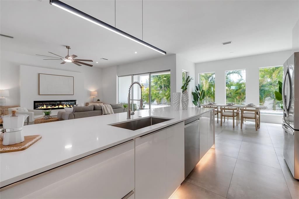 Dining room, Fireplace, Interior, Kitchen, Living room, Recessed Lighting