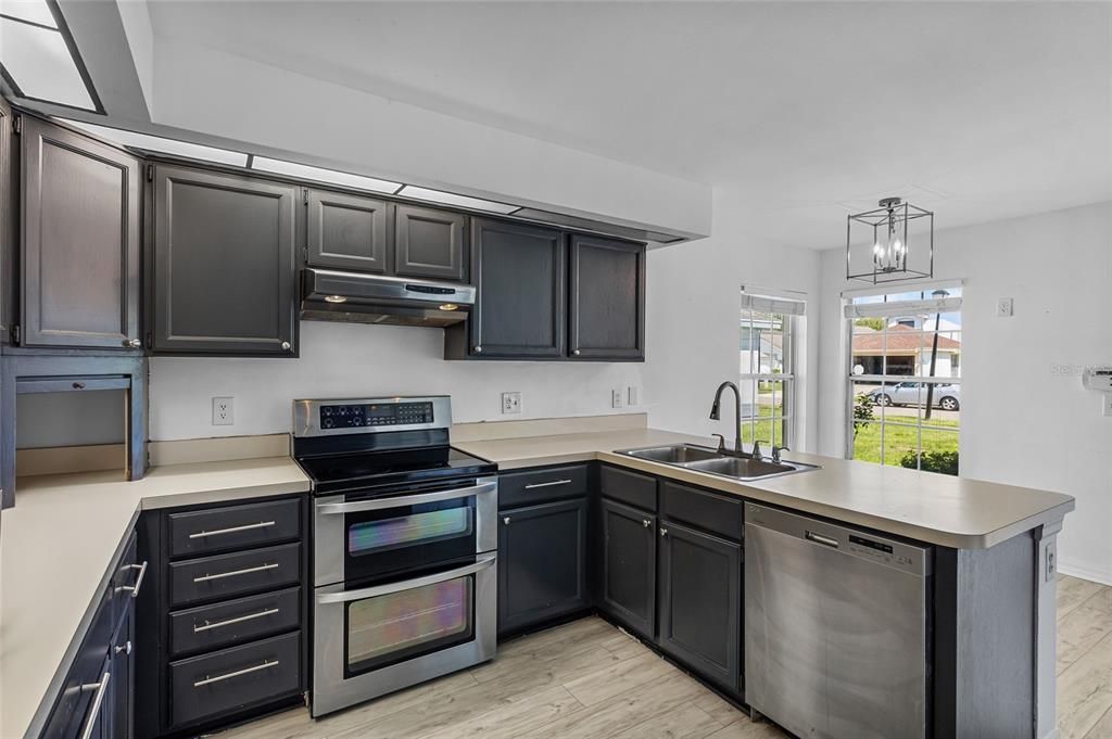 Interior, Kitchen, Pendant Lights, Stainless Steel Appliances, Wood Texture Flooring