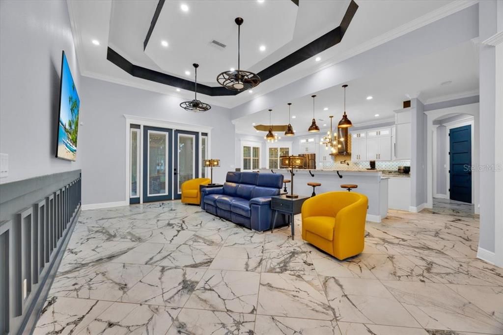 Interior, Kitchen, Living room, Marble, Pendant Lights, Recessed Lighting