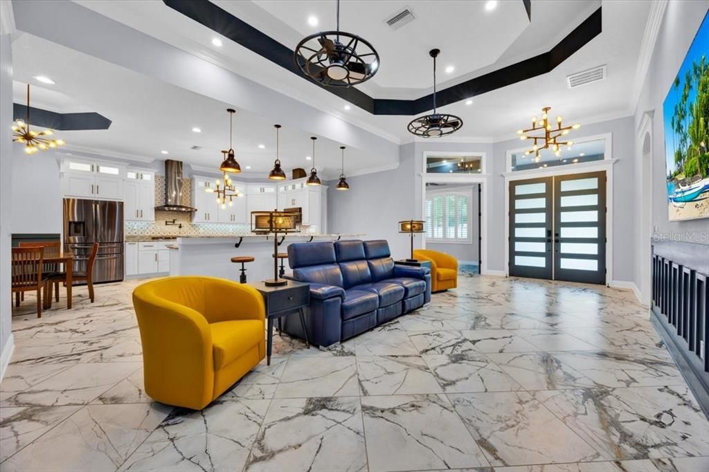 Dining room, Interior, Kitchen, Living room, Marble, Pendant Lights, Recessed Lighting