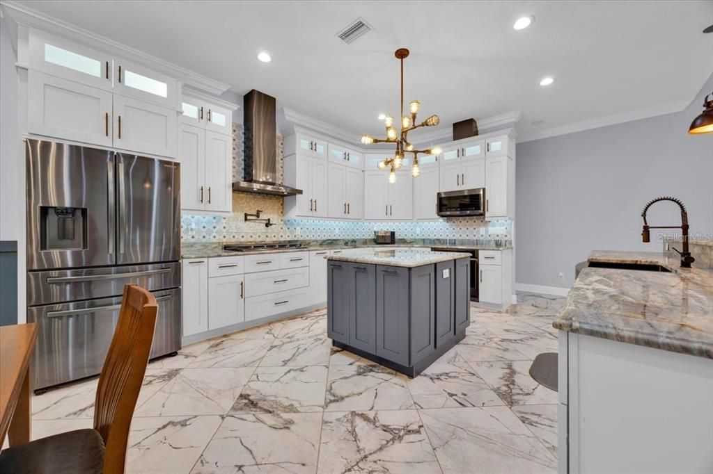 Interior, Kitchen, Marble, Pendant Lights, Recessed Lighting, Stainless Steel Appliances