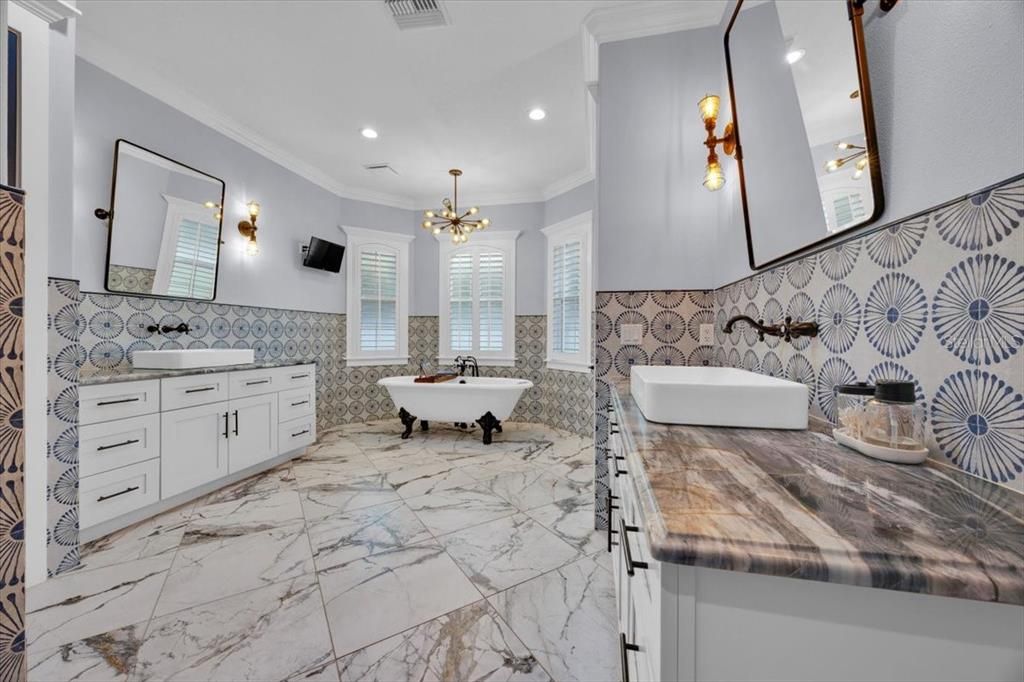 Bathroom, Dual Sink Vanities, Free Standing Baths, Interior, Marble, Pendant Lights, Recessed Lighting