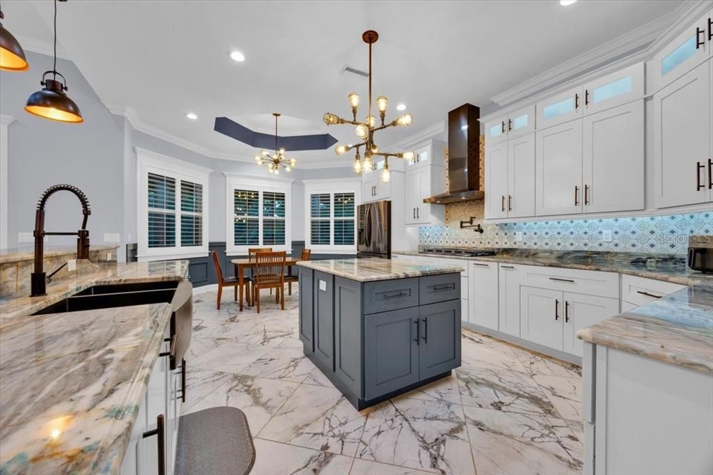 Dining room, Interior, Kitchen, Marble, Pendant Lights, Recessed Lighting