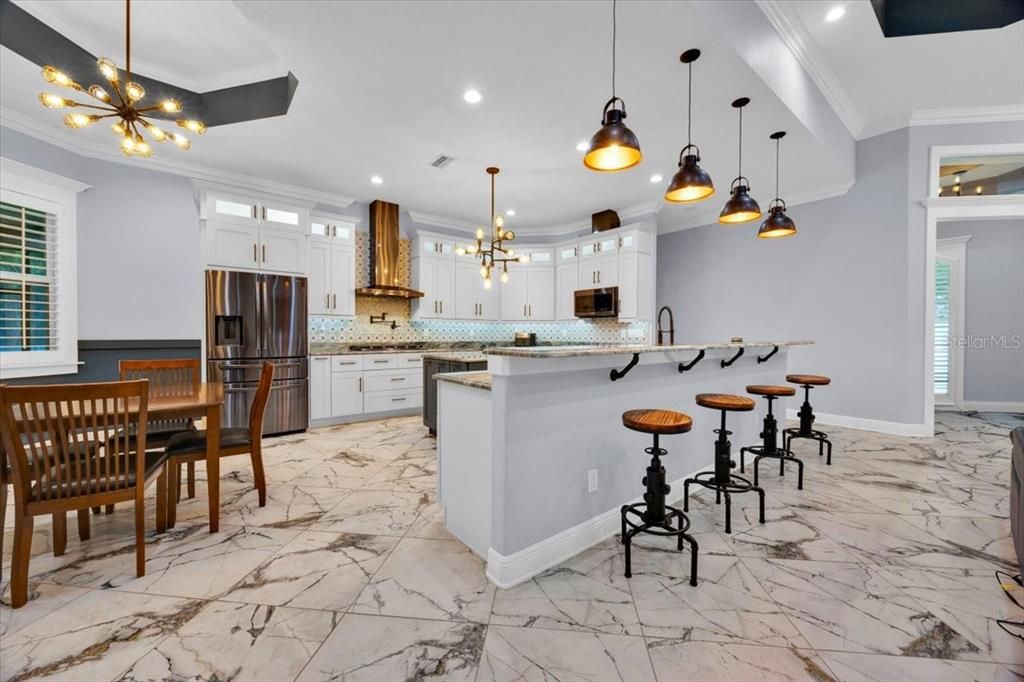 Dining room, Interior, Kitchen, Marble, Pendant Lights, Recessed Lighting