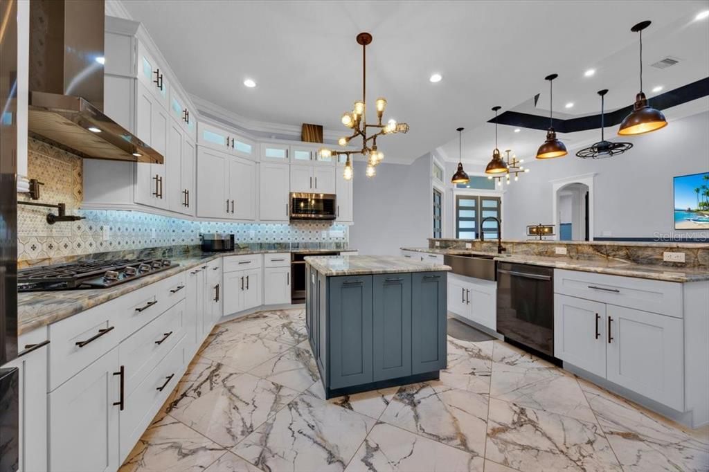 Interior, Kitchen, Marble, Pendant Lights, Recessed Lighting, Stainless Steel Appliances
