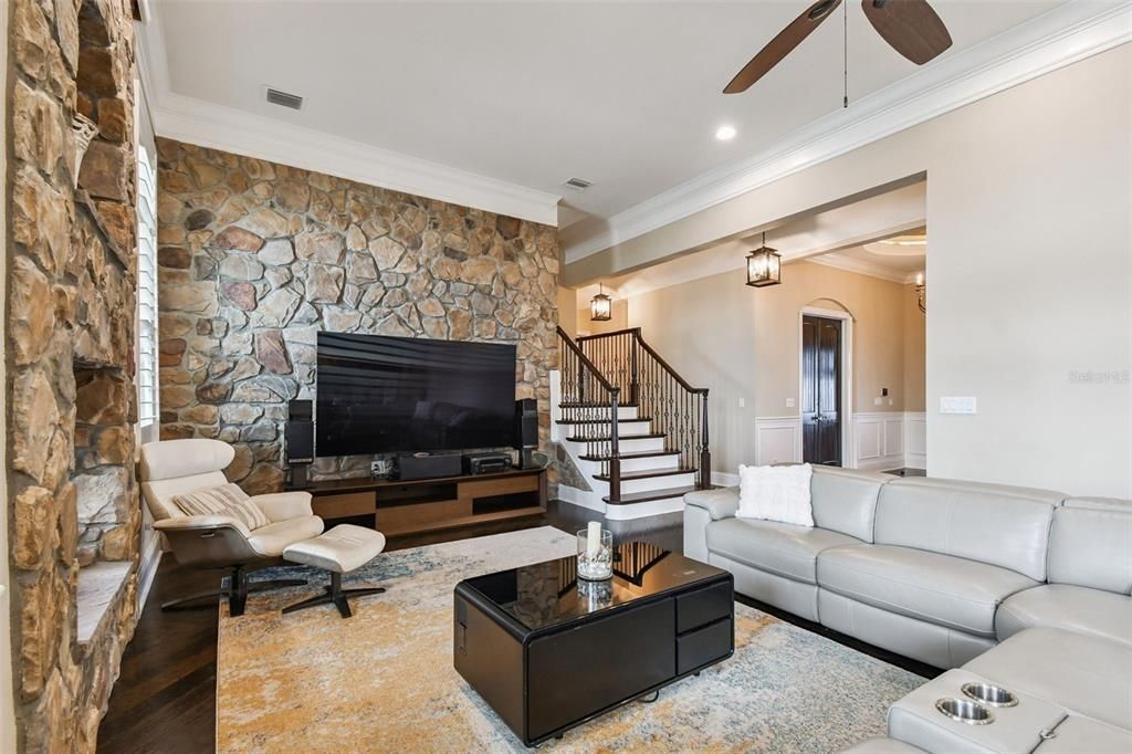 Interior, Living room, Recessed Lighting, Stone Walls, Wood Texture Flooring