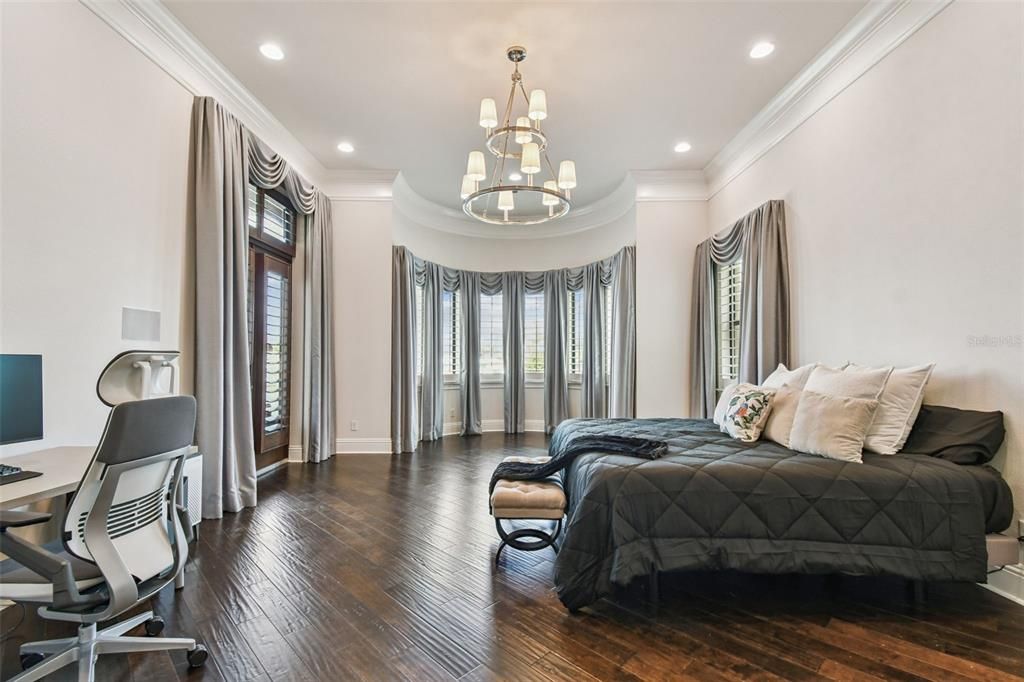 Bedroom, Chandelier, Home Office, Interior, Recessed Lighting, Wood Texture Flooring