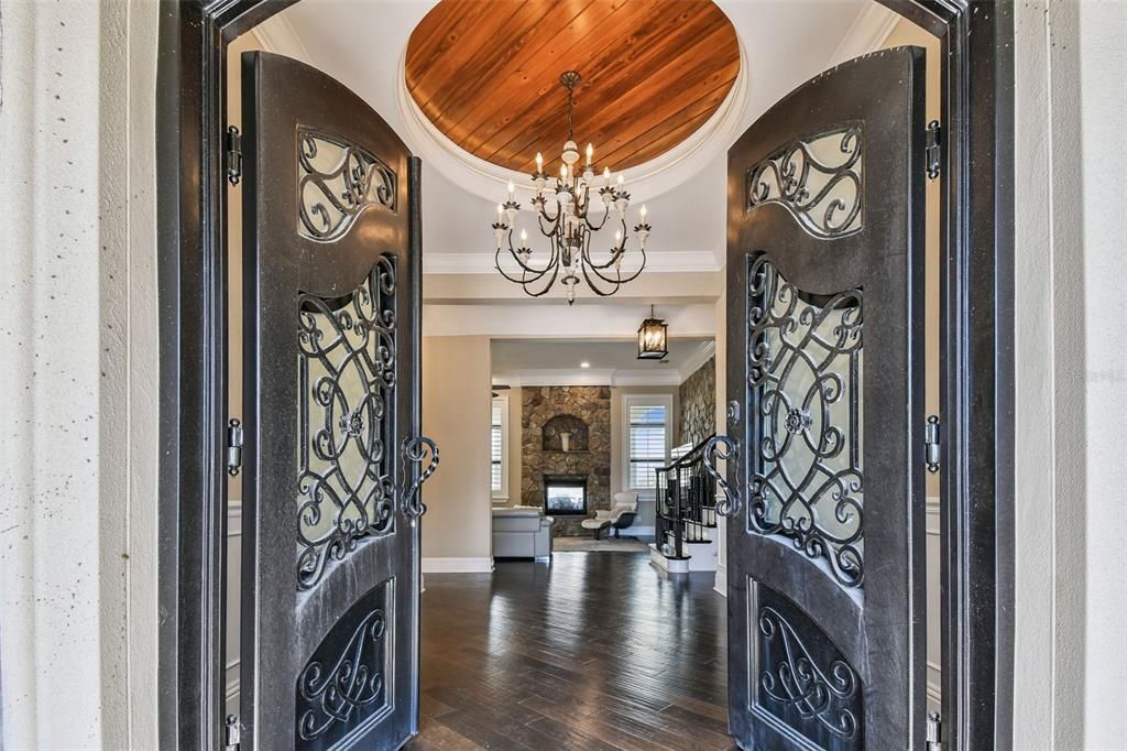 Chandelier, Fireplace, Interior, Stone Walls, Wooden Ceilings, Wood Texture Flooring