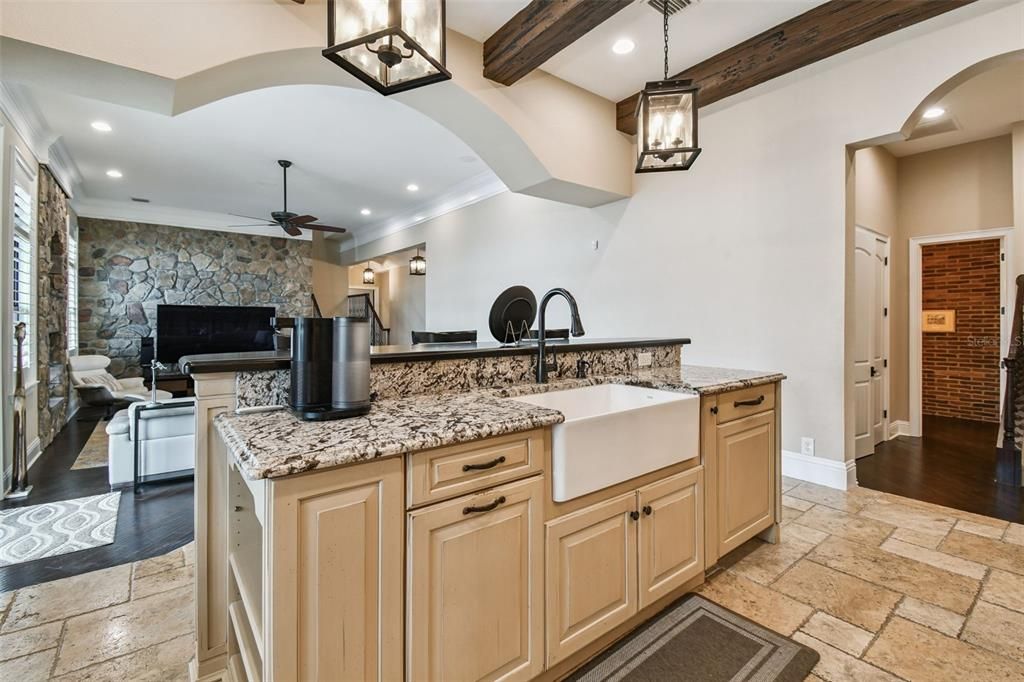 Interior, Kitchen, Pendant Lights, Recessed Lighting, Stone Walls, Wooden Beams, Wood Texture Flooring