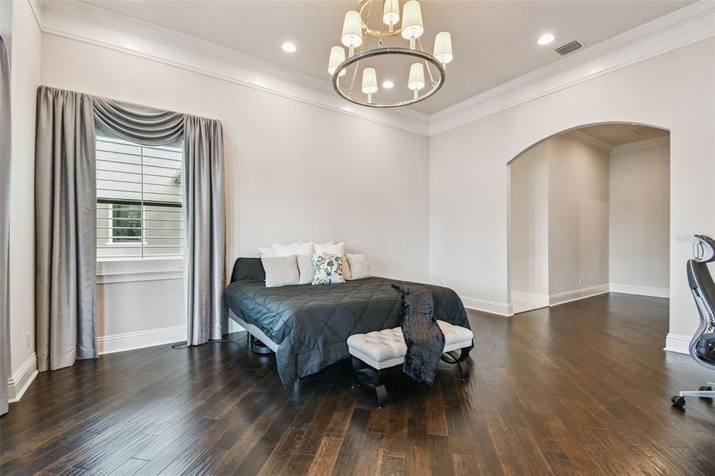 Bedroom, Chandelier, Interior, Recessed Lighting, Wood Texture Flooring