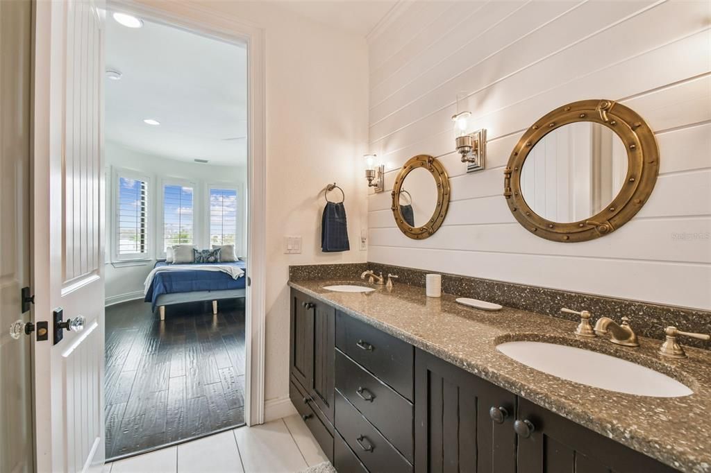Bathroom, Dual Sink Vanities, Interior, Recessed Lighting, Wood Texture Flooring