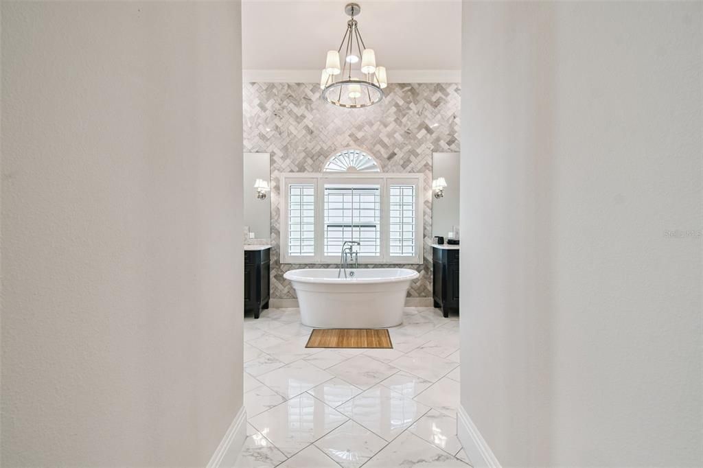 Bathroom, Chandelier, Free Standing Baths, Interior, Marble