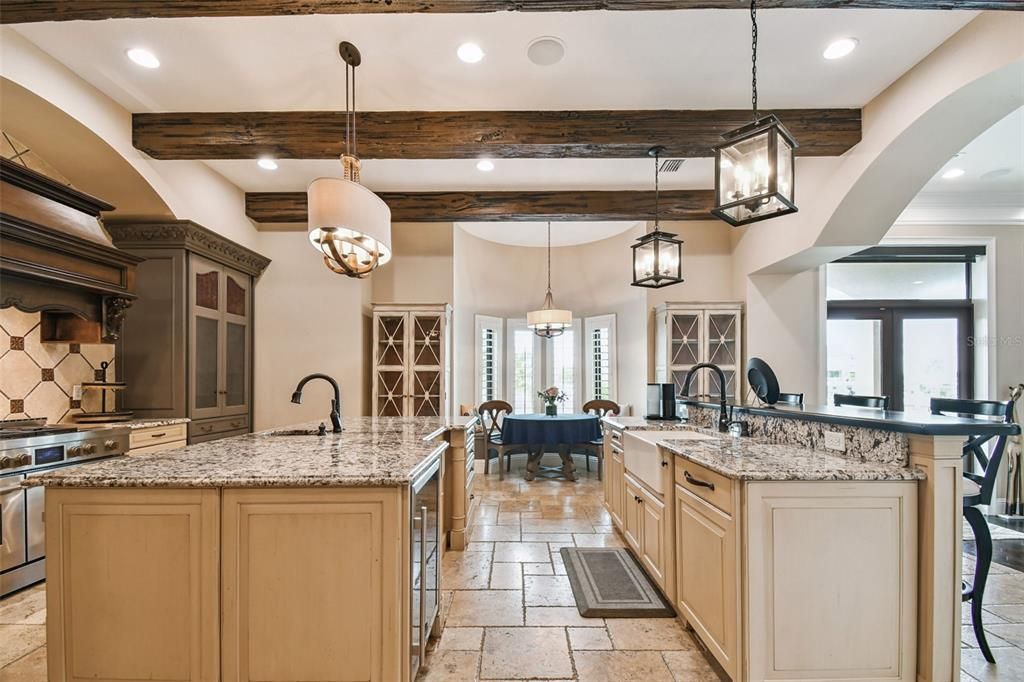 Dining room, Interior, Kitchen, Pendant Lights, Recessed Lighting, Wooden Beams