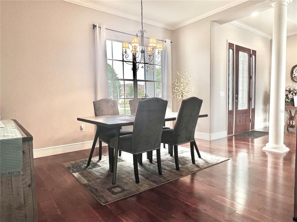 Chandelier, Dining room, Interior, Wood Texture Flooring