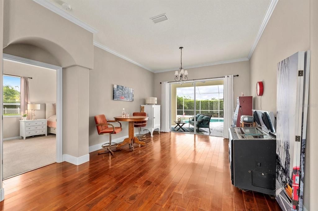 Chandelier, Home Office, Interior, Pendant Lights, Wood Texture Flooring