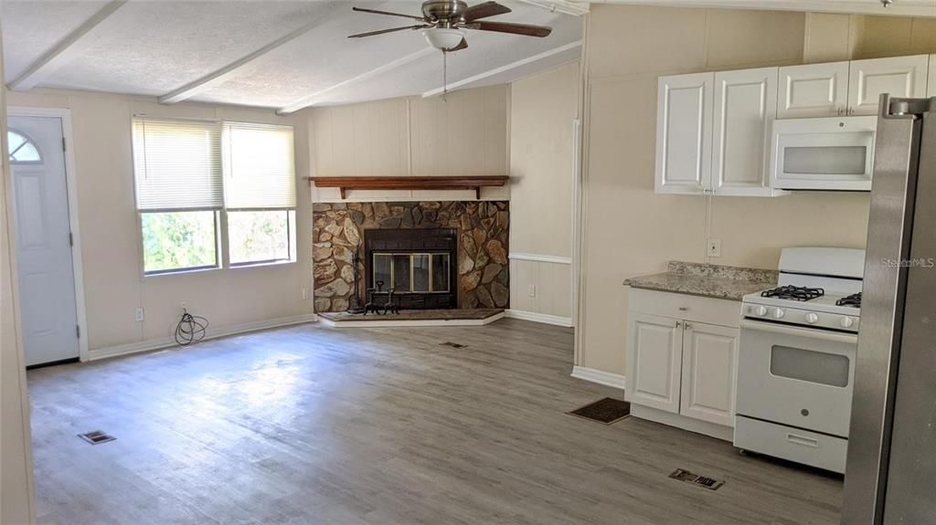 Empty room, Fireplace, Interior, Kitchen, Wood Texture Flooring