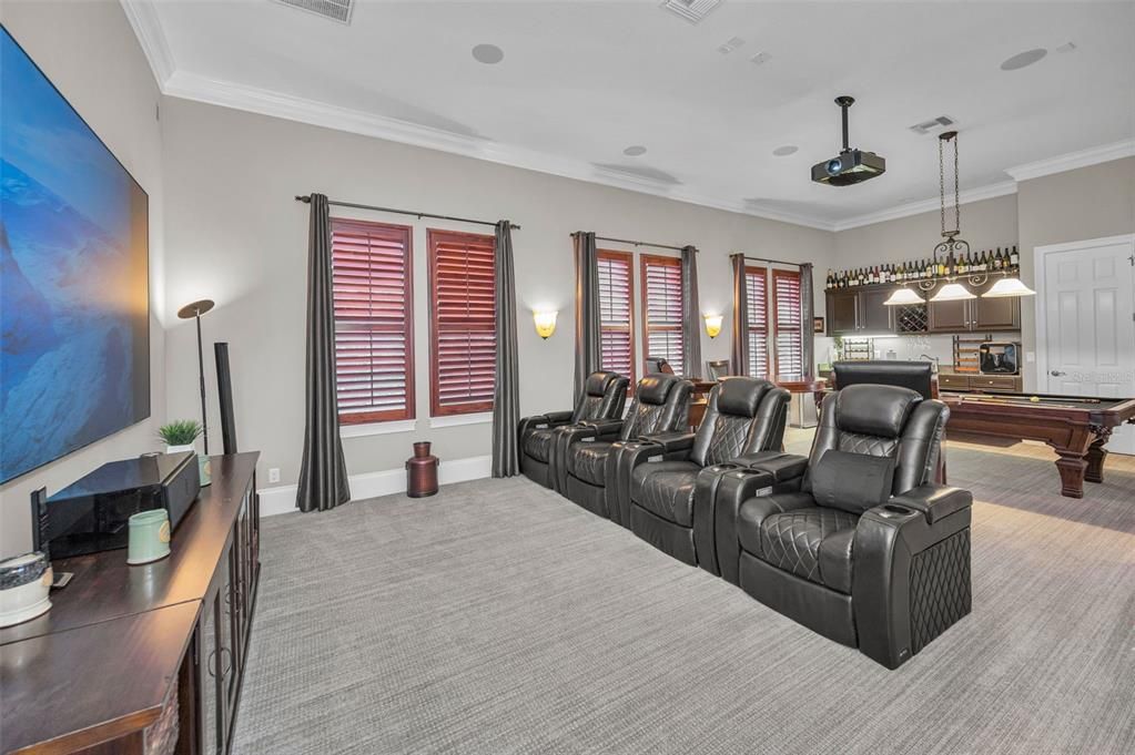 Billiard Table, Chandelier, Home Theatre Room, Game Room, Interior, Pendant Lights