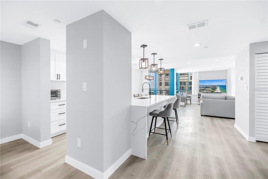 Interior, Kitchen, Pendant Lights, Recessed Lighting, Water, Wood Texture Flooring