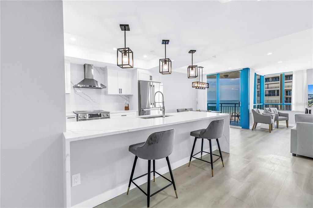 Interior, Kitchen, Living room, Pendant Lights, Recessed Lighting, Stainless Steel Appliances, Water, Wood Texture Flooring