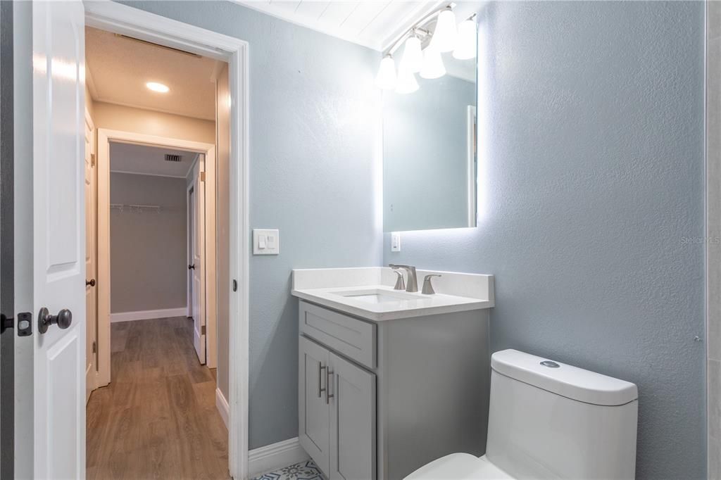 Bathroom, Interior, Recessed Lighting, Wood Texture Flooring